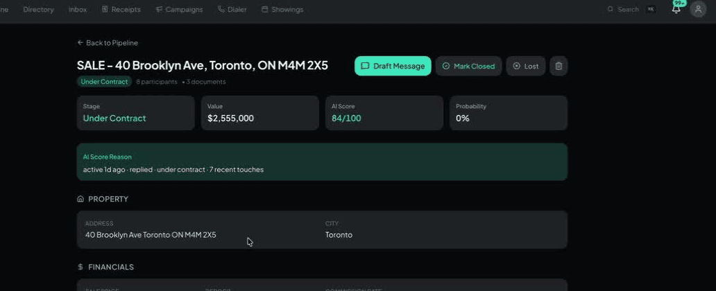 Closr deal page showing an AI Score of 84/100 and the reason it matters