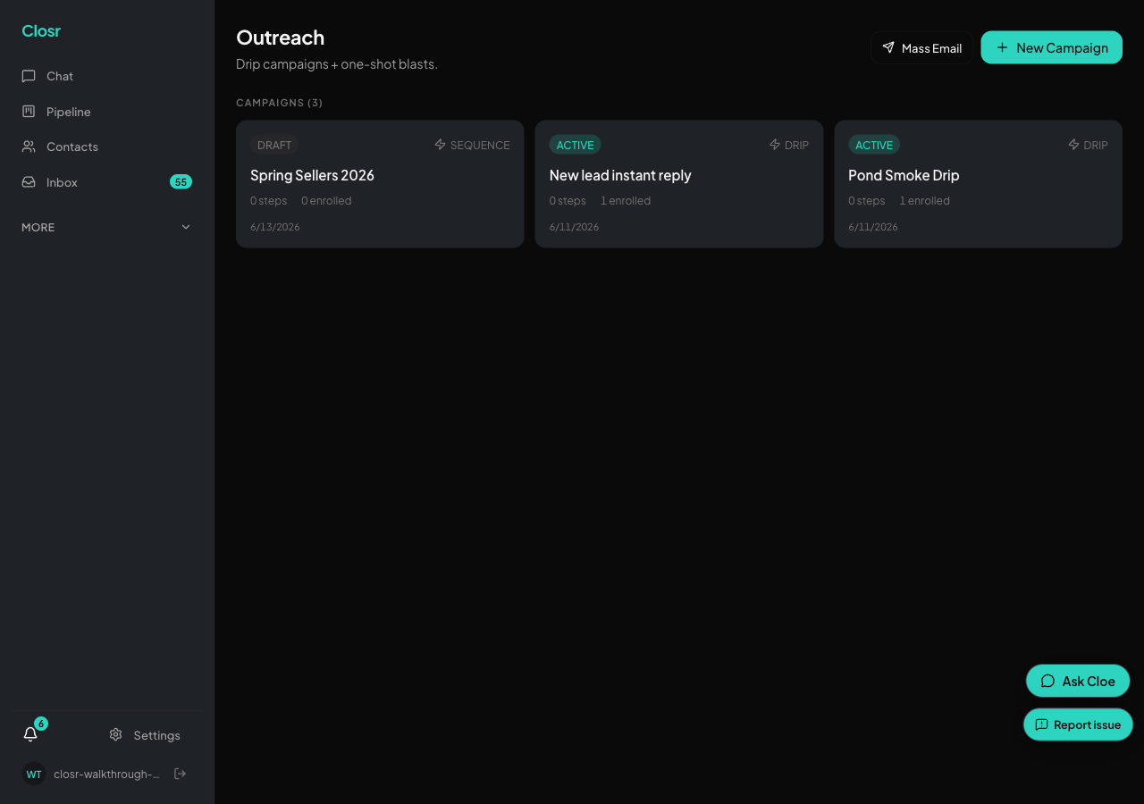 Campaigns: multi-channel drips and mass email