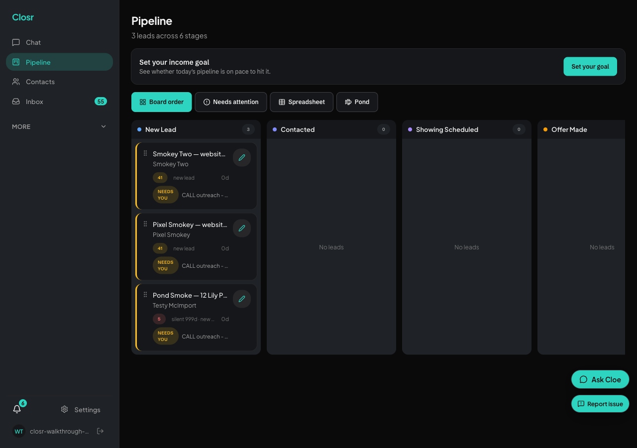Pipeline kanban + conversation threads